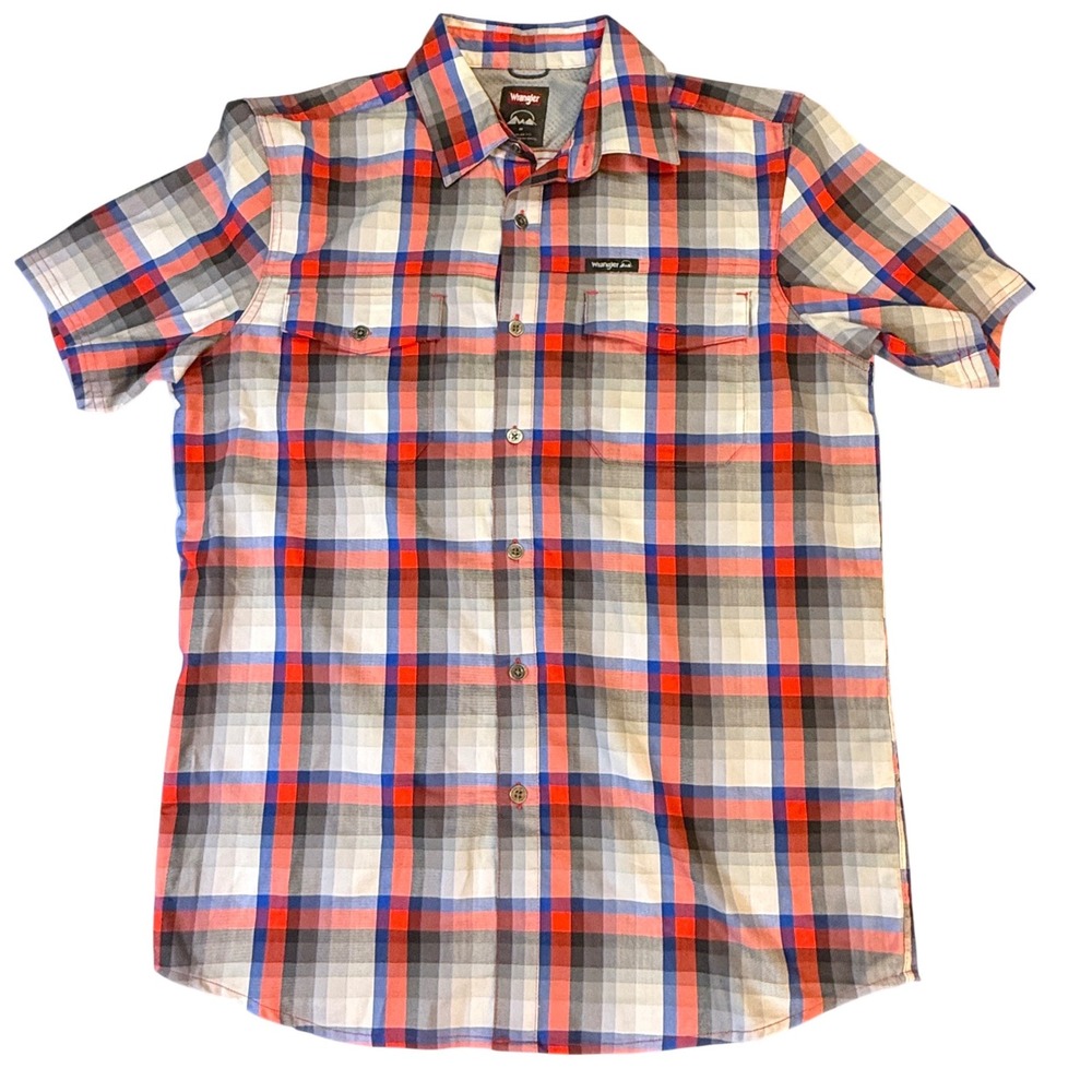 Wrangler Mens Outdoor Plaid Short Sleeve Button Up Shirt Red Blue Grey Size M